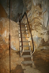 Image of steep ladder-type steps at Royal Arch Cave.