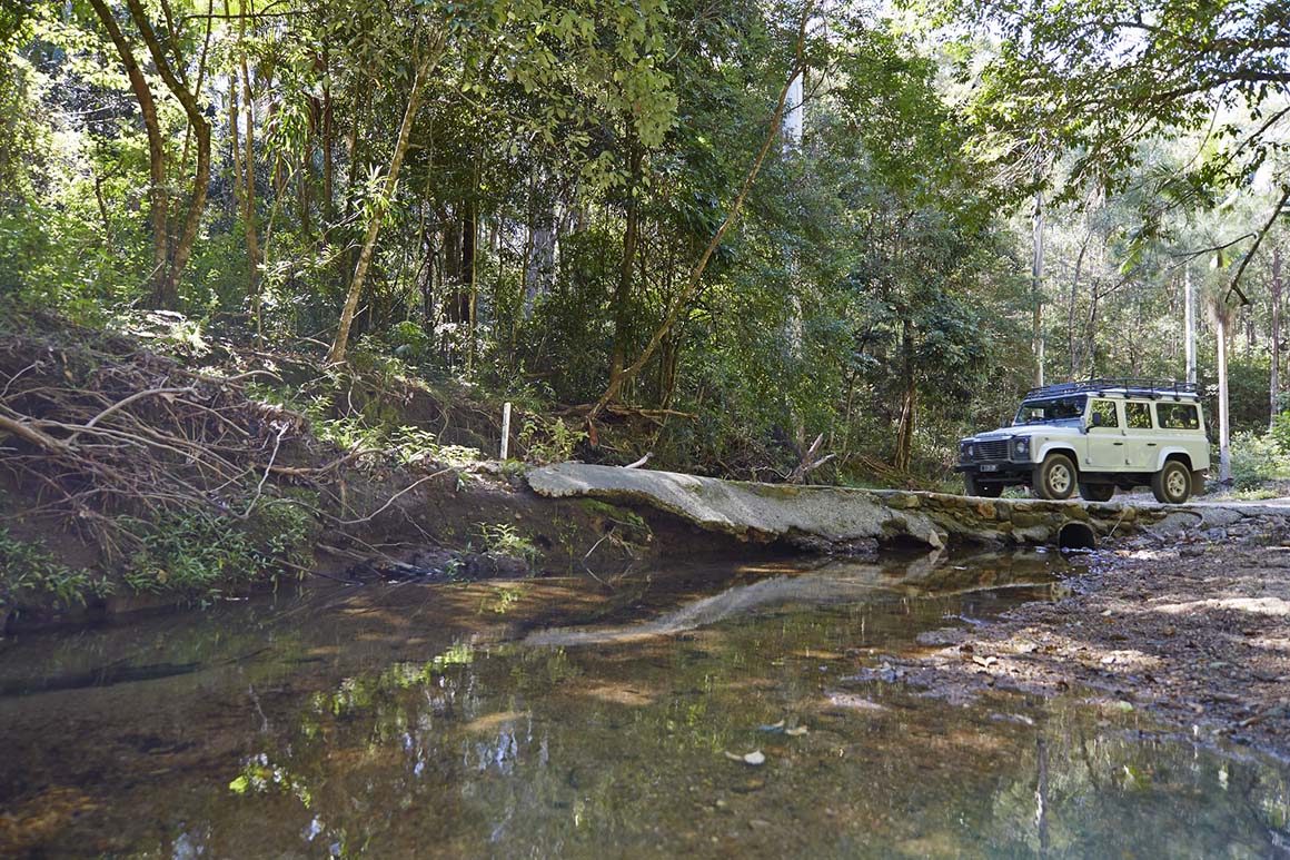 Four-wheel-drive vehicle drives across a creek crossing, surrounded by rainforest.