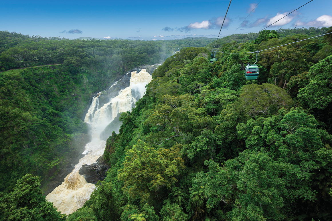 A gondola passes high above scenic waterfall surrounded by rainforest. 