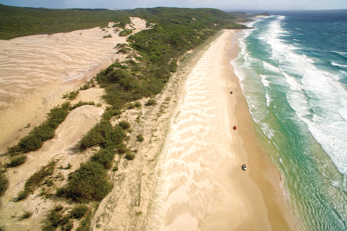 Long sandy beach fringed by ocean on one side and sand dunes on the other.